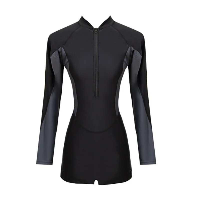 Новый спортивный черный и серый купальник женский с длинными рукавами для