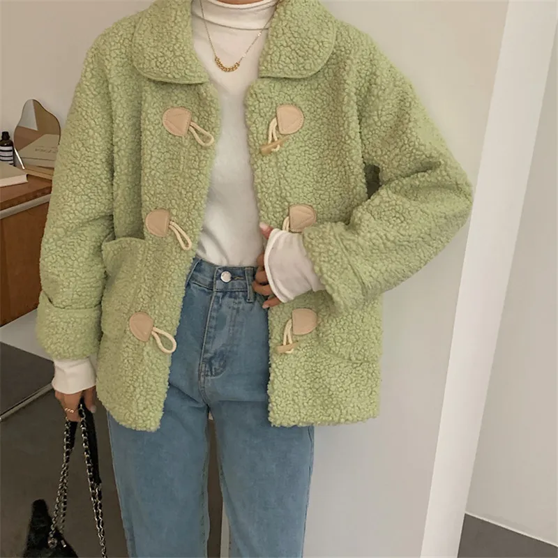 Kawaii New Autumn Winter Faux Lambwool Coat Women Solid Horn Button Fur Jacket Fashion Loose Lapel Thick Warm Plush Coats White