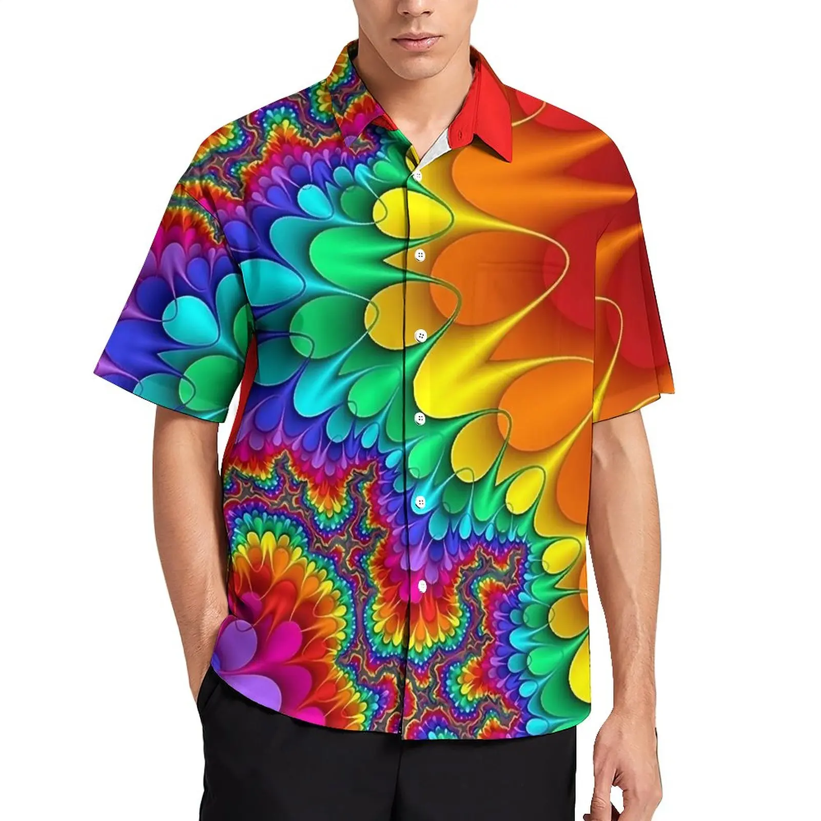 

Rainbow Splash Casual Shirts Psychedelic Print Beach Shirt Summer Stylish Blouses Men Custom Plus Size 3XL 4XL