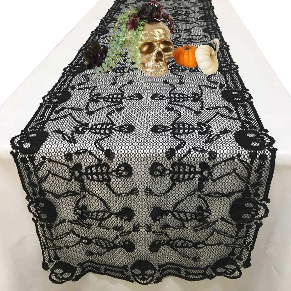 

Halloween Table Runner Pumpkins Bats Black Lace Table Runner for Dining Table Skull Decoration for Home Halloween Party Supplies