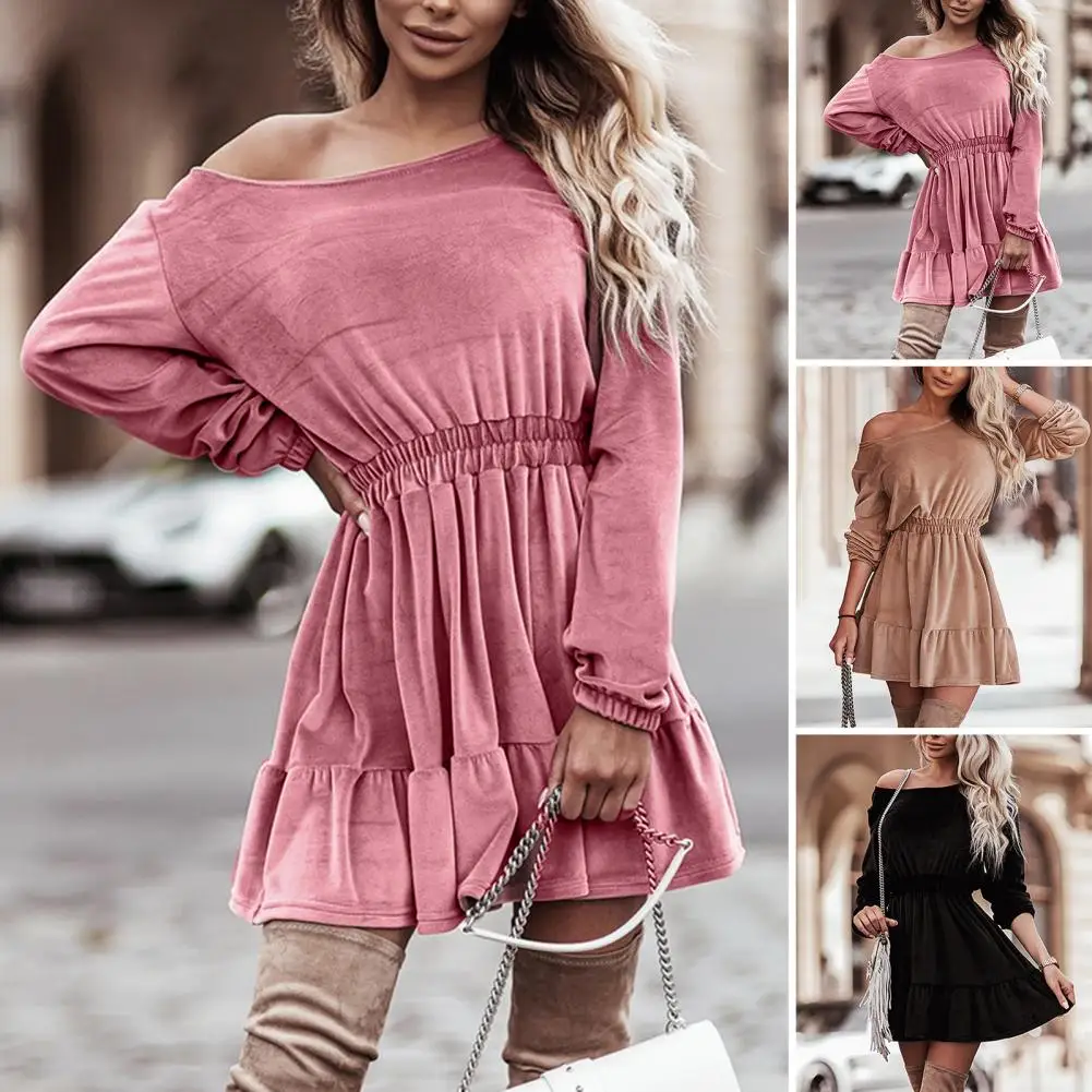 

Женское осеннее мини-платье с круглым вырезом и длинным рукавом, эластичное свободное однотонное платье-трапеция с высокой талией и оборками на подоле