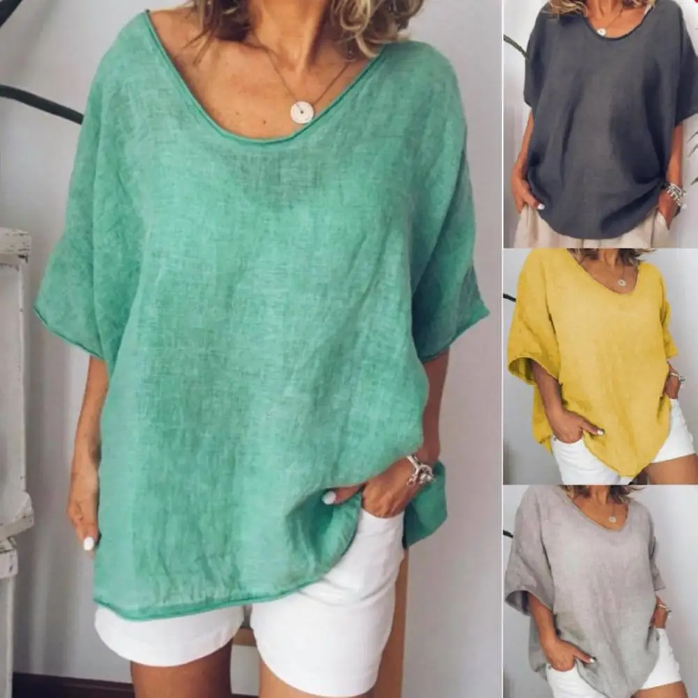 

Блузка Женская однотонная с V-образным вырезом, элегантная мягкая Рубашка с рукавом до локтя, свободного покроя, уличная одежда, на лето