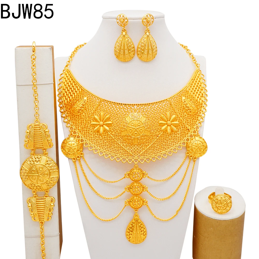 

Arabic Luxury Necklace&Earrings Jewelry Set For Women Dubai 24K Gold Color Jewellery African Ethiopian Bridal Wedding Gifts