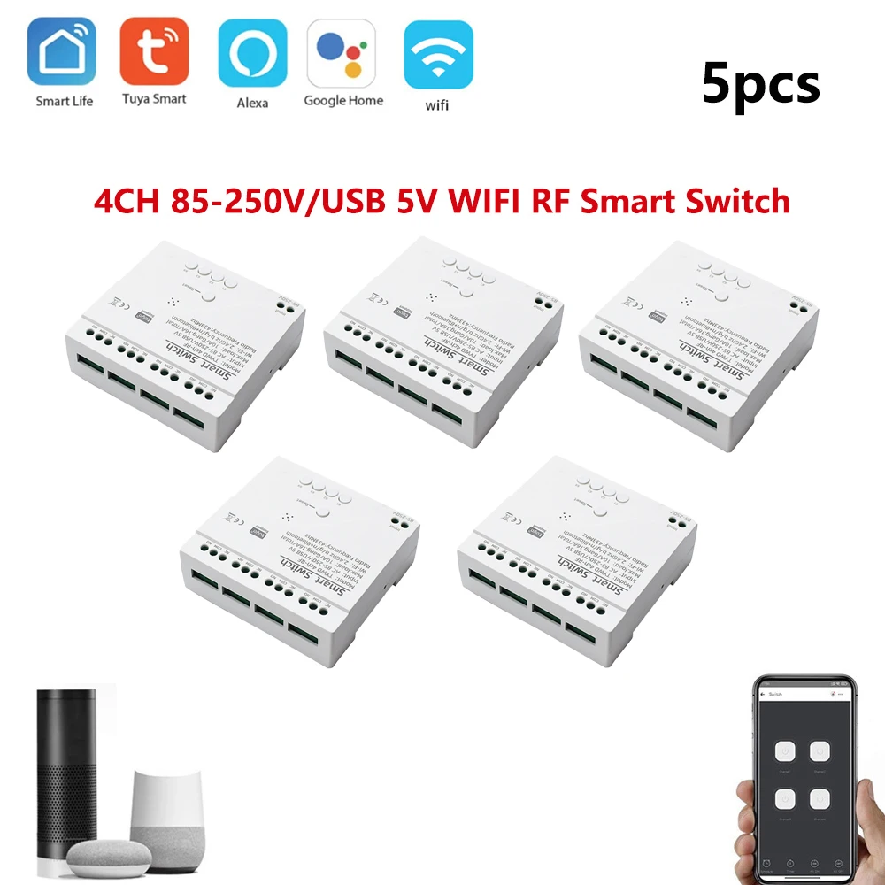 

5PCS Tuya Smart Remote Control Wifi wireless Switch Module 4CH DC 5V 12V 24V 32V 220V Inching Self-locking RF Receive 10A Relays
