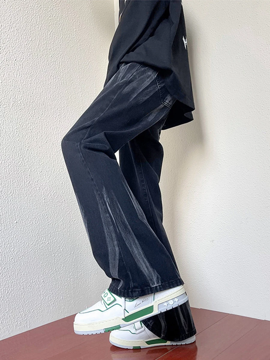 European and American Men's Fashion Trend High Street Tie-dye Micro-flare Black Jeans Men's Loose Straight Wide-leg Pants Denim