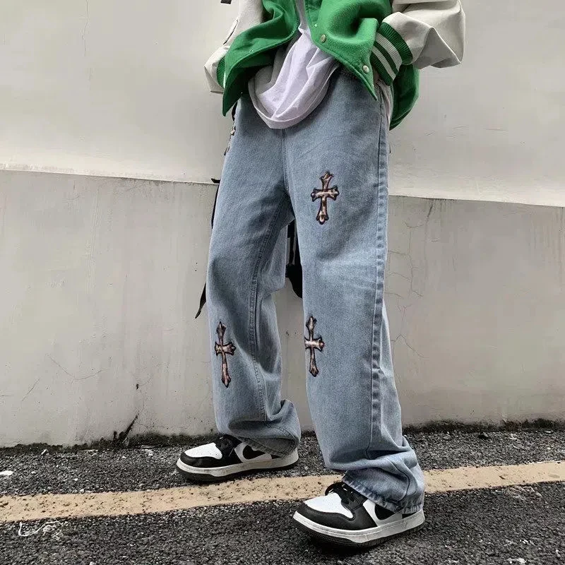 Streetwear Korean Fashion Clothes Cross Applique Jeans Men'S  High Waist Y2k Straight Baggy Pants Casual Denim Trousers Unisex