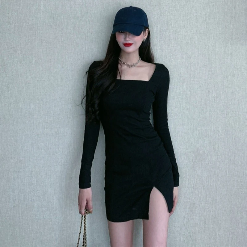 

Spring Long Sleeve Knitted Split Black Mini Dress Women 2021 Sexy Black Bodycon Bottoming Dress Slim Simple Party Mini Dress