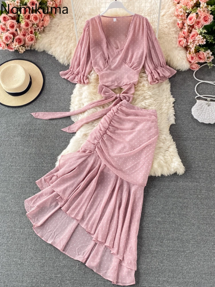 

Nomikuma Two Piece Sets Womens Outifits Puff Sleeve Drawstring High Waist Irregular Hem Conjunto Femenino Elegant Dress Sets