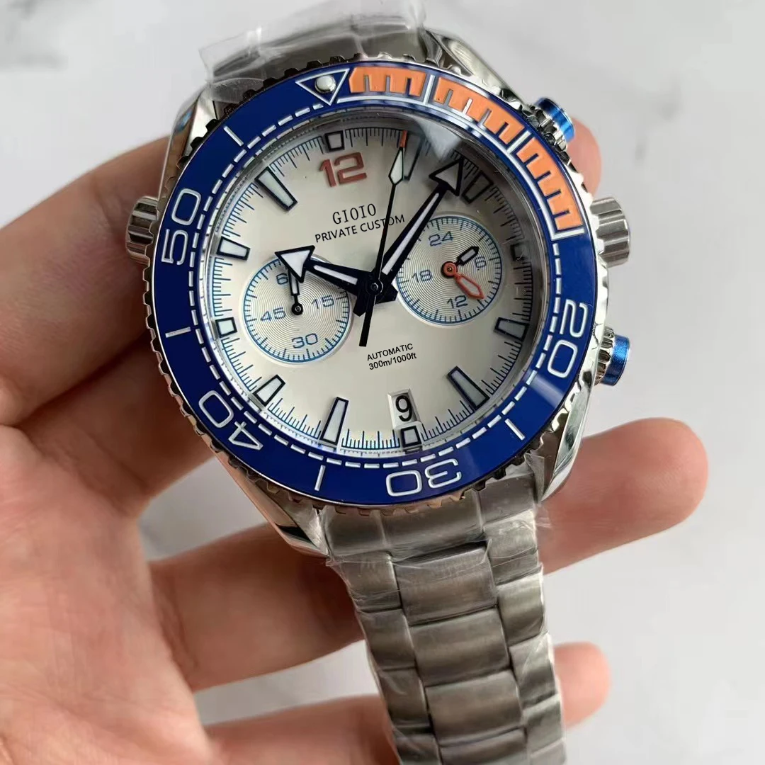 

Mens Quartz Chronograph Watch Black Blue Ceramic Rose Gold Rubber