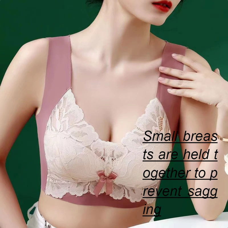 Seamless underwear women's big breasts show small no steel ring anti-sagging large size sexy lace bra vest type thin fixed bra