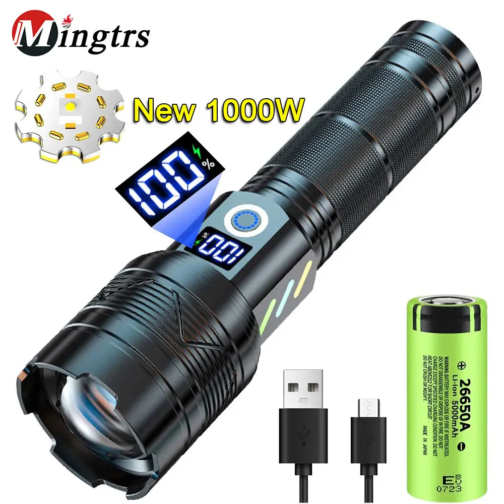 

1000W High Power Strong Light Long Range LEP Flashlight USB Charging 26650 Battery Outdoor Telescopic Zoom Super Bright Torch