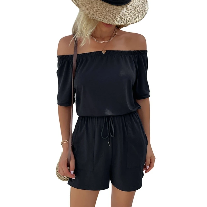 Womens Summer Drawstring High Waist One Piece Casual Jumpsuit Short Sleeve Off Shoulder Shorts Rompers with Pockets 10CE