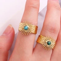 vintage sun flower blue natural stone inlay rings for women fashion stainless steel adjustable openning rings party jewelry gift