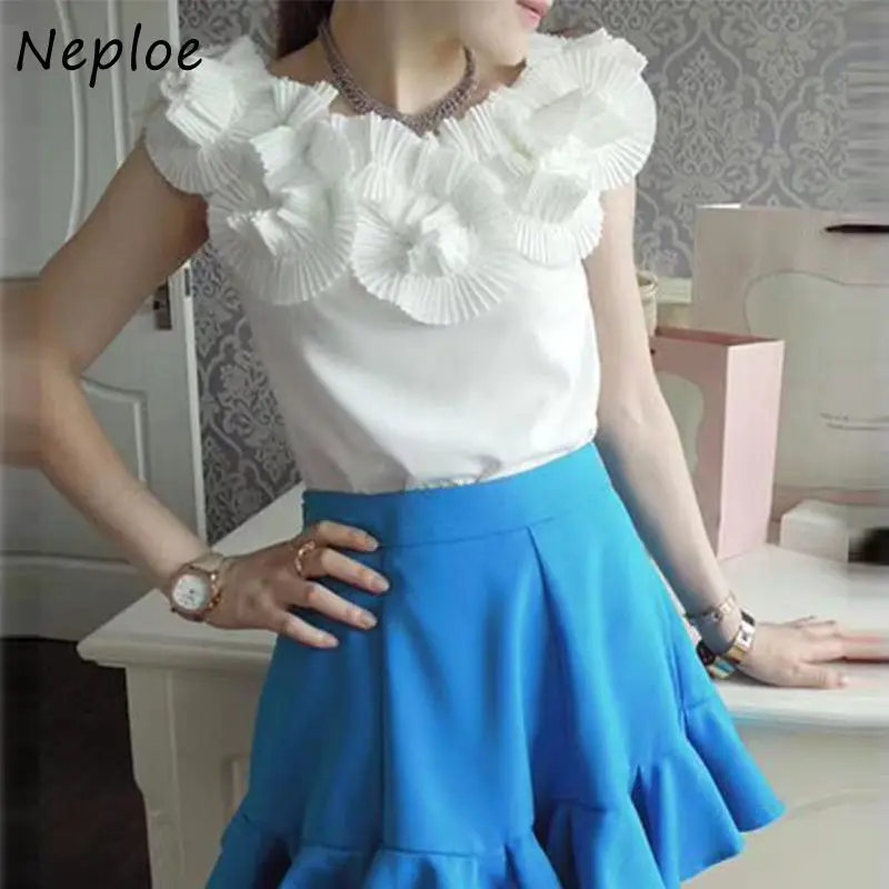 Neploe плиссированная блузка с разрезным вырезом и стереодизайном корейская летняя