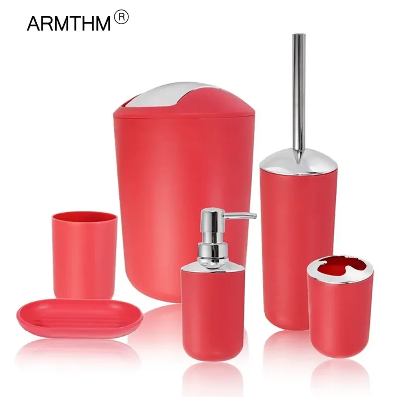 

6Pcs Bathroom Accessories Set Toothbrush Holder Cup Soap Dispenser Dish Toilet Brush Trash Can Plastic Tumbler Cup Washroom Tool
