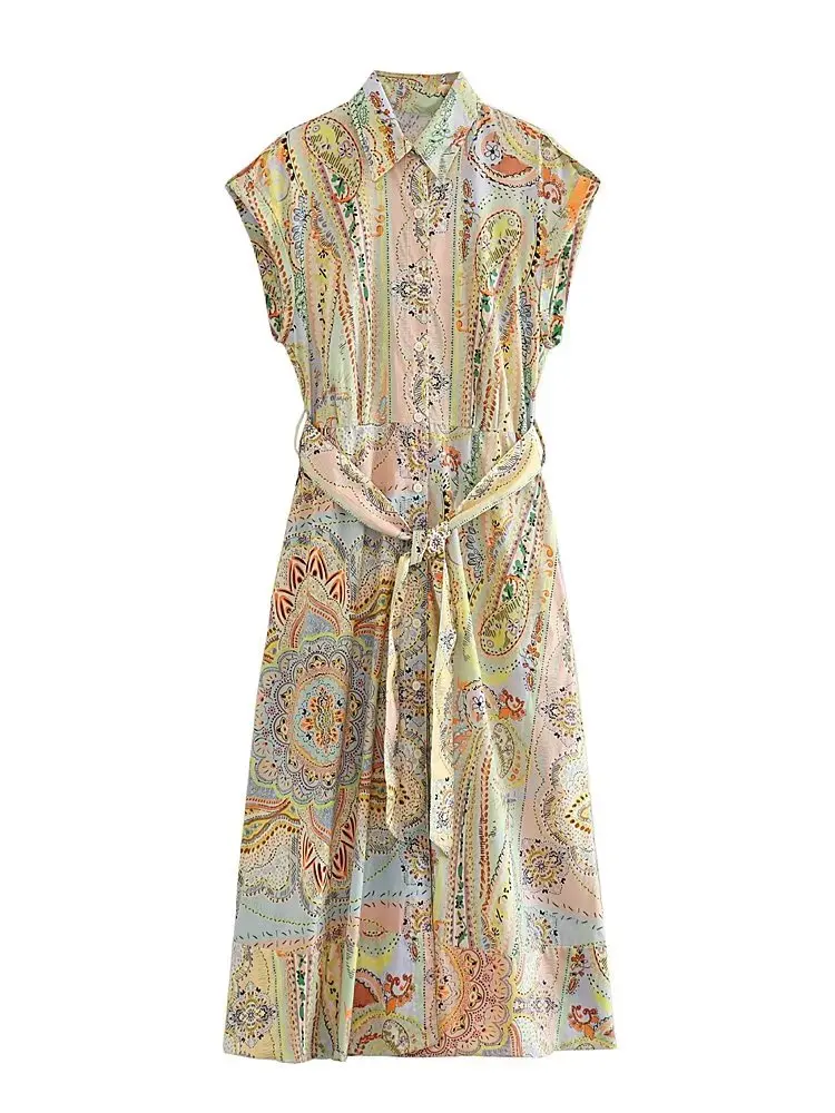 

Kumsvag 2023 Women Summer Shirts Dress Vintage Print Short Sleeve Sashes Bow Female Elegant Street Buttons Linen Dresses Clothes