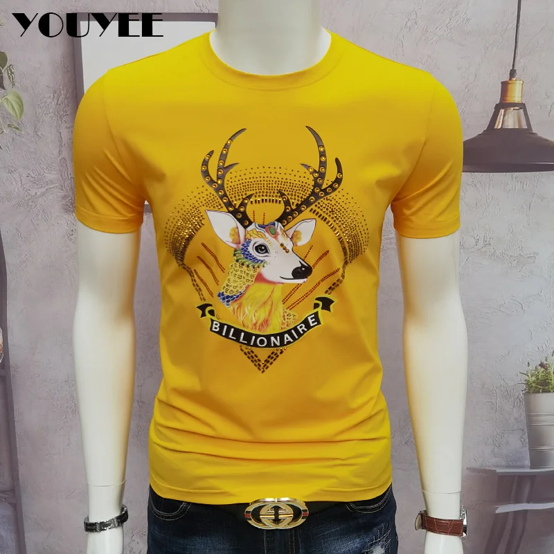 

Yellow Collarless Casual Male T-shirt Cartoon Cotton Hoodless Youth Slim Fitting Men's Clothes Breathable 2023 Summer New Design
