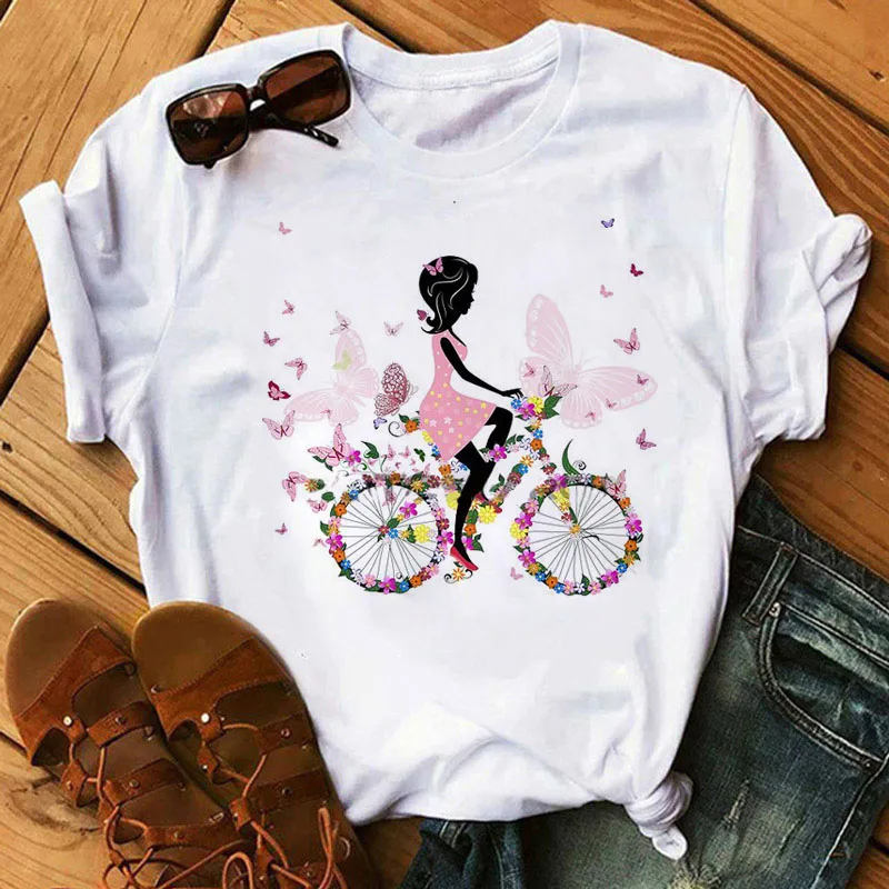 

Summer Women T Shirt Butterfly Bike Girl Print Tee Harajuku T-shirt Cartoon Tops Shirt 90s Girls T-shirt Female Cute T-shirt