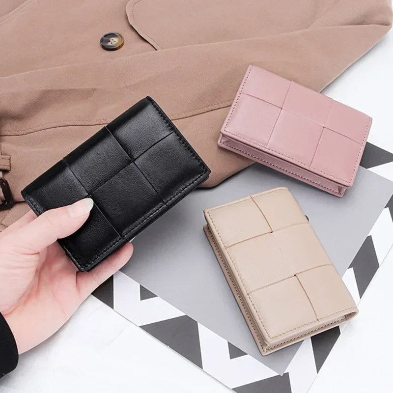 

Women Card Credit Business Card Bank Unisex Case Holder Card Coin Leather Bifold Purse Bag Wallets Braided Sheepskin Men Name
