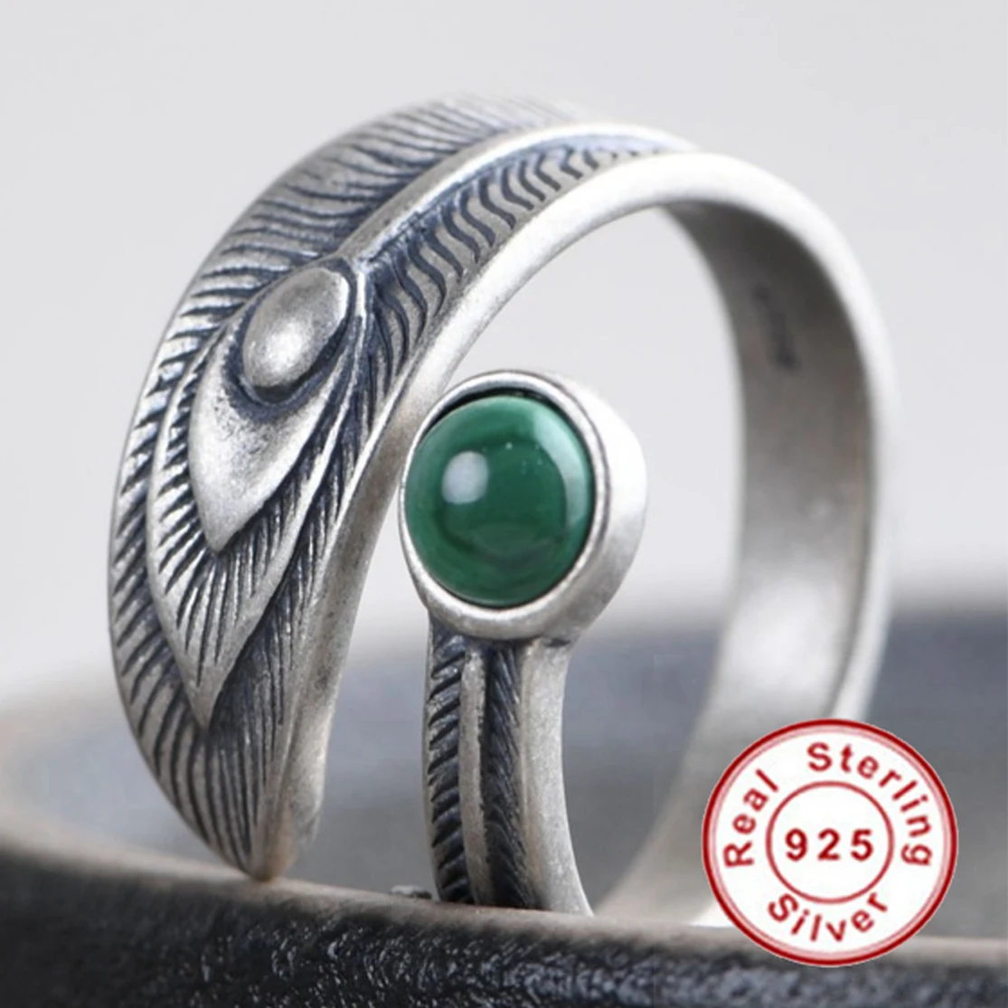 

Weight 5.7g Malachite Fine Jewelry For Women Ring S925 Feather Resizable Rings Silver 925 Sterling Charm For Men Vintage Gifts