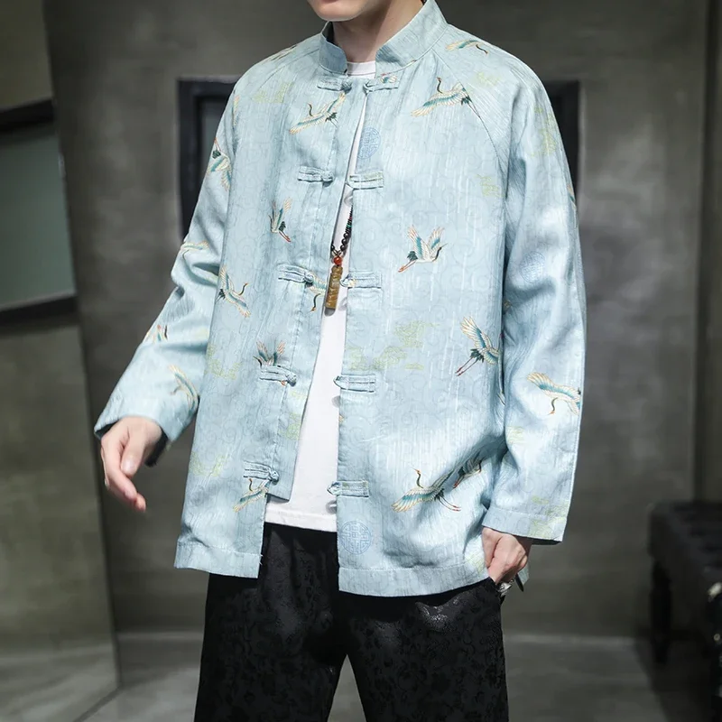 

Мужское пальто ханьфу в китайском стиле с принтом журавлей