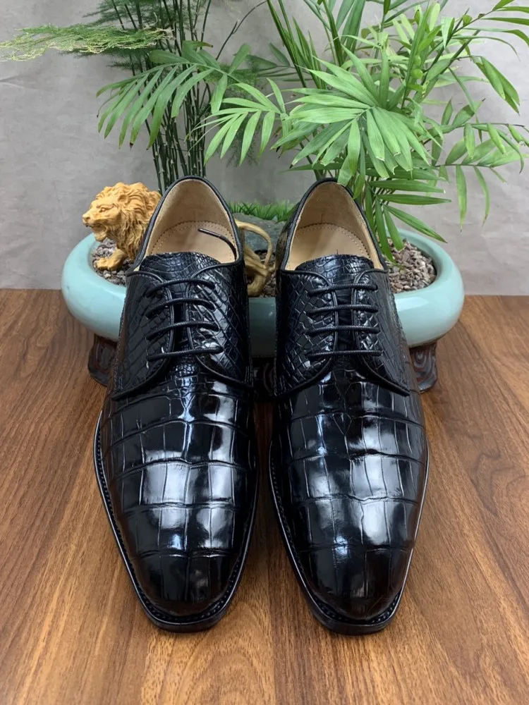 Туфли мужские из натуральной кожи под крокодила на шнуровке и блочном каблуке