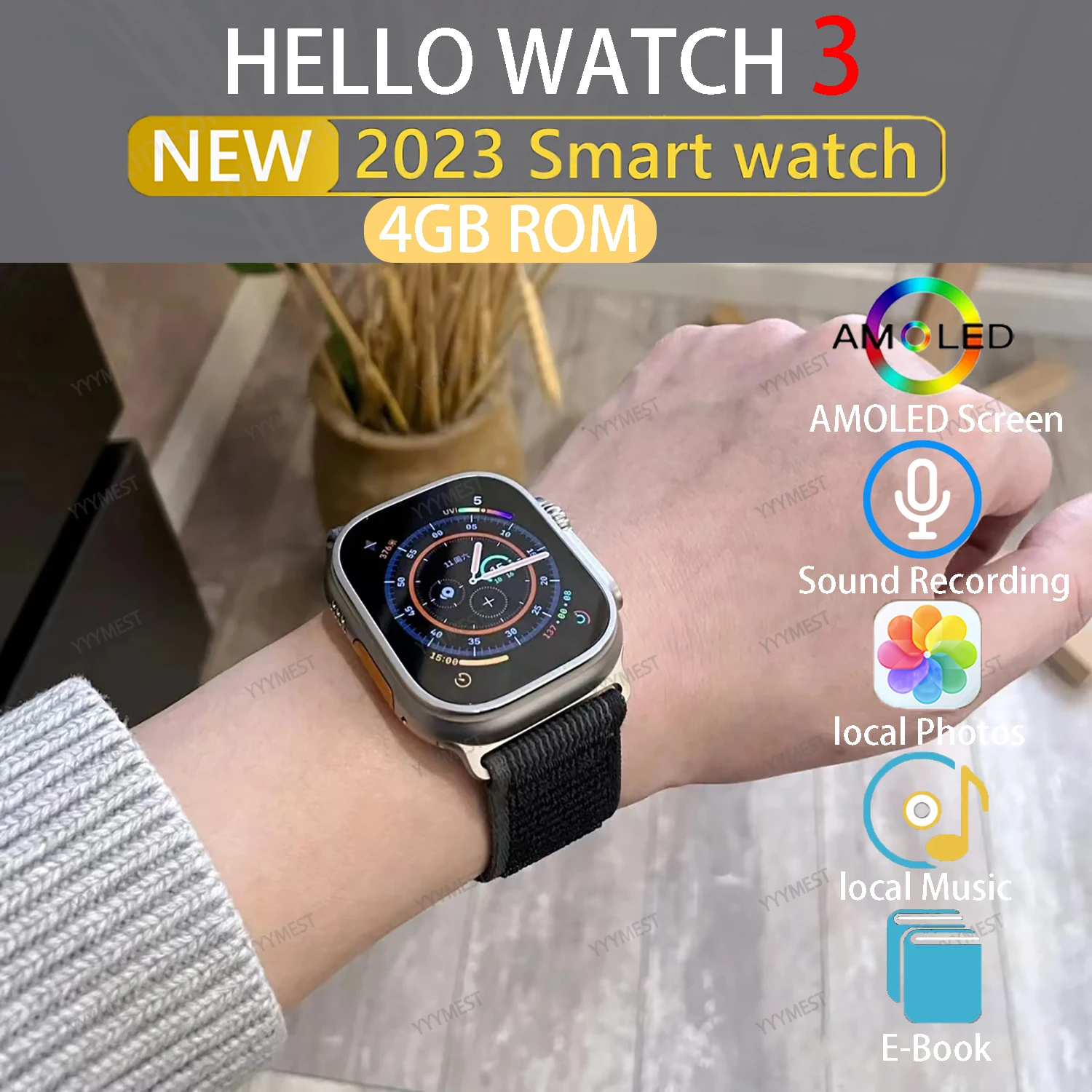 

Hello Watch 3 AMOLED Men Smart Watch Full Screen Titanium Smartwatch with NFC Compass 4GB ROM for Android IOS PK HK8 PRO MAX ZD8