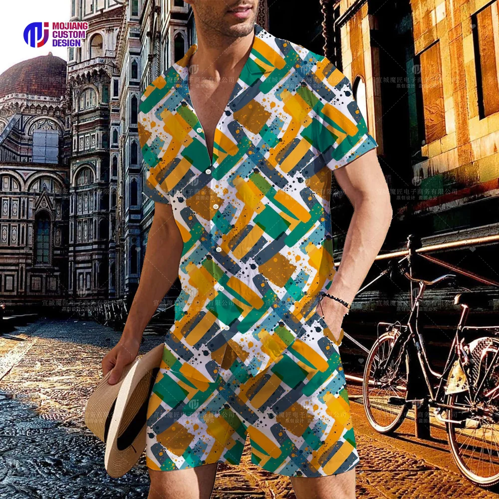 2023 Cool Pattern Shirt Men High Street Casual Travel Short Sleeve Shorts High Quality Mens Button Shirt Set US Size S-5XL