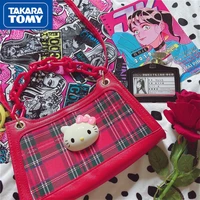 takara tomy 2022 new hello kitty girls pu red plaid chain armpit bag cute sweet magnetic buckle daily casual shoulder handbag
