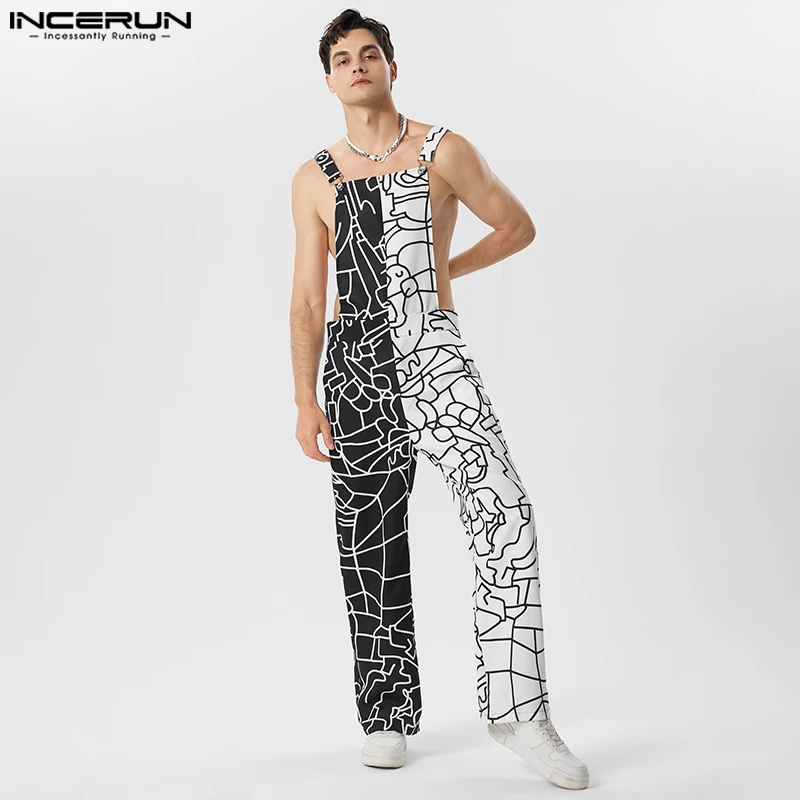 

INCERUN Men Jumpsuits Print Patchwork Sleeveless Suspenders Rompers Summer Streetwear 2023 Fashion Male Straps Overalls S-5XL