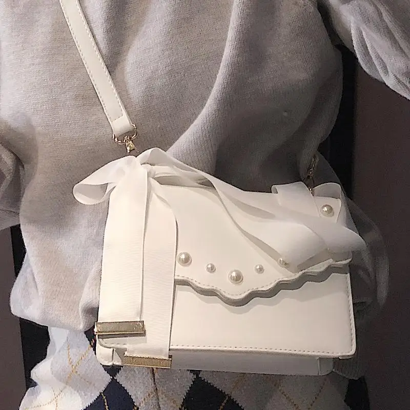 

Xiuya Elegant Messenger Bag Women 2022 Small Crossbody Shoulder Bags With Ribbon Bow Knot Pearl Satchel Clutch Party Woman Purse