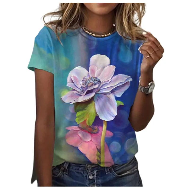 

3D Flower Print Short Sleeve T-shirt Women 2021 O Neck Casual Loose Tops Plus Size 3XL T Shirt Women Streetwear