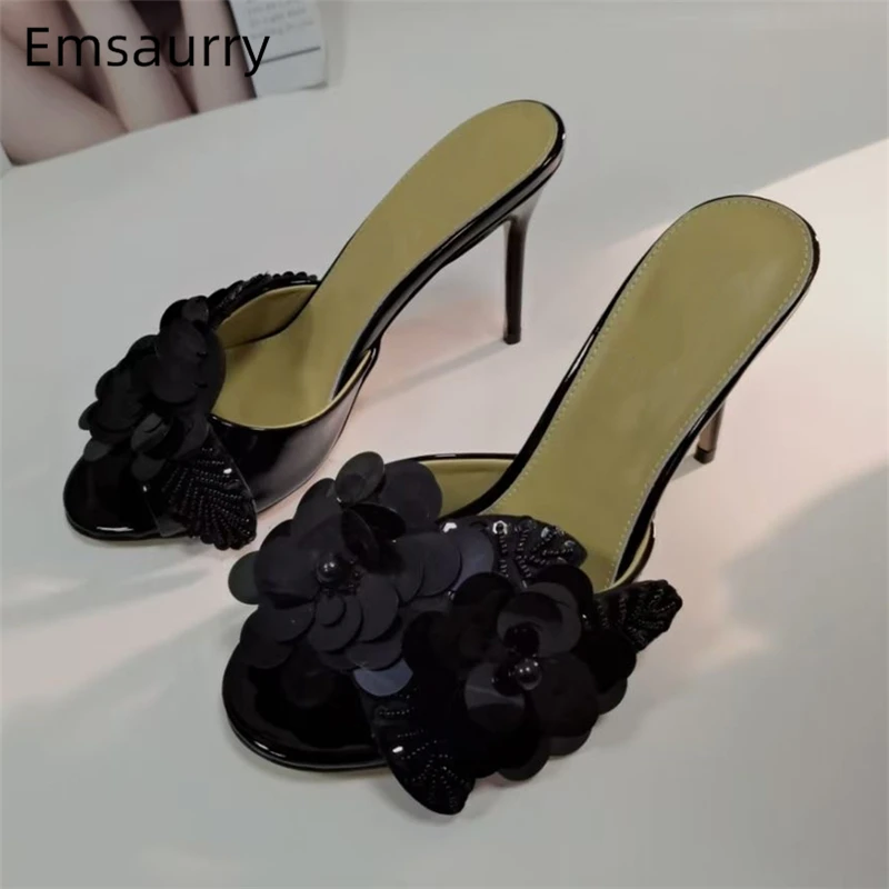 

Блестящие Блестки Цветы Современные сандалии женские 10 см тонкие летние туфли из лакированной кожи для девочек