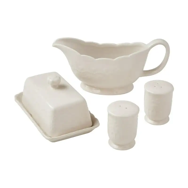 

5-Piece Stoneware Butter Dish, Gravy Boat, and Salt & Pepper Serve Set, Linen Mini botellas para lunch Oil bottle Dispensador de
