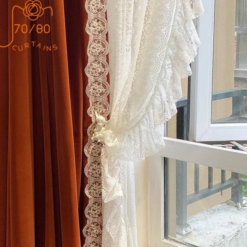

2023 New French Retro Caramel Flannel Curtains for Living Room Bedroom Floor-to-ceiling Windows Custom Finished Lace Screen