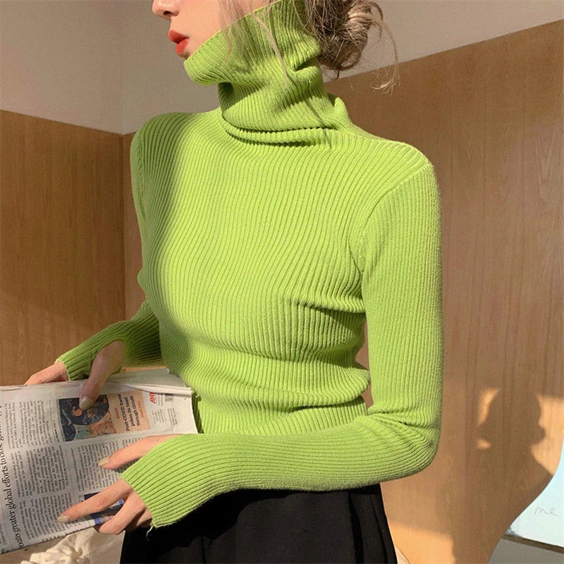 

Turtleneck Sweater for Women Ladies Autumn Spring Korean Fashion Knitted Clothing Y2k High Neck Slim Green Clothes