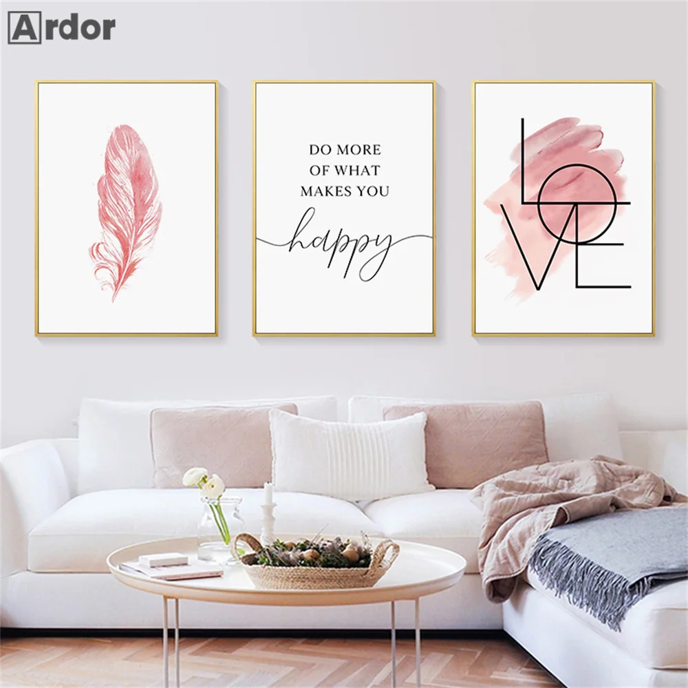 

Pink Feather Wall Art Poster Motivational Happy Love Canvas Painting Quotes Print Nordic Wall Pictures Living Room Home Decor