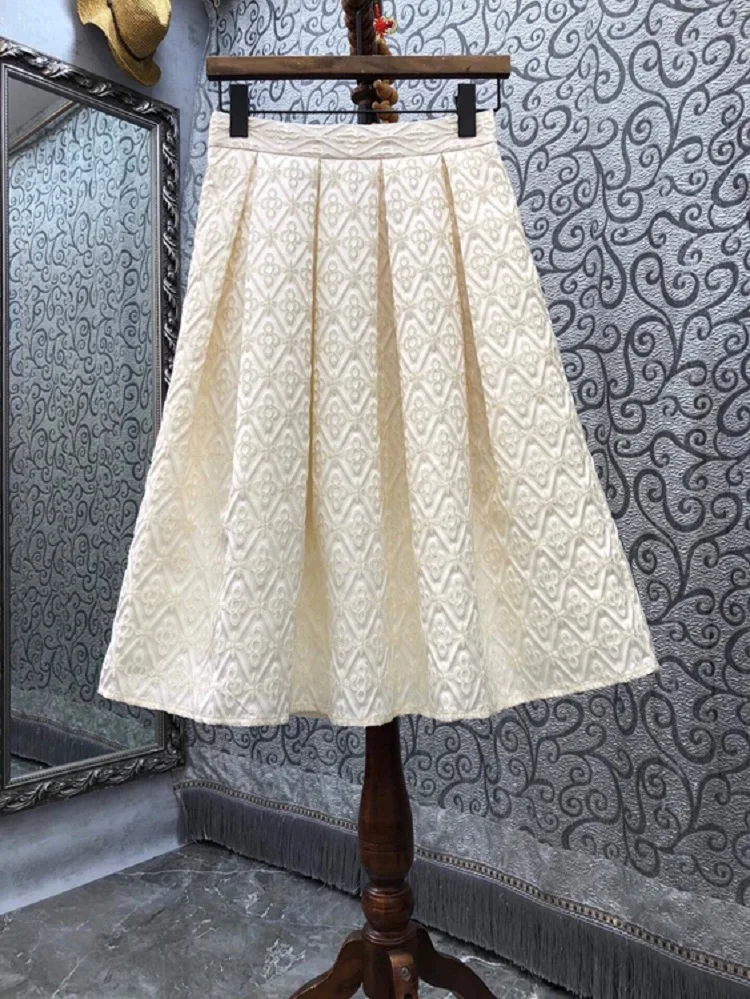 Ball Gown Skirts 2022 Spring Summer Party Yellow Apricot Skirts High Quality Women Vintage Jacqard Patterns Casual Lady Skirts