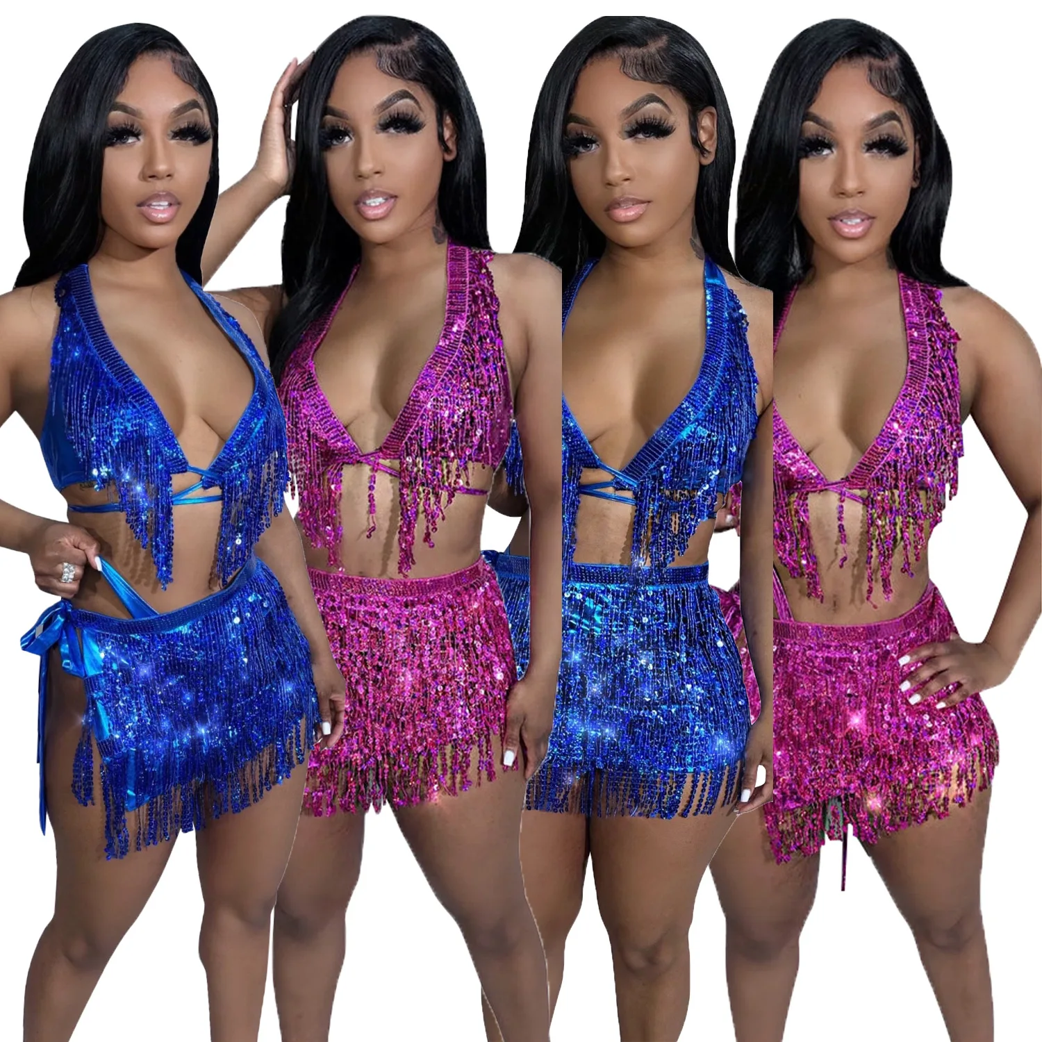 

Sexy Beach Style Sequins Tassel Three Piece Set for Women Summer Lace Up Bra Top Underwear Sequined Mini Skirt Suit Night Club