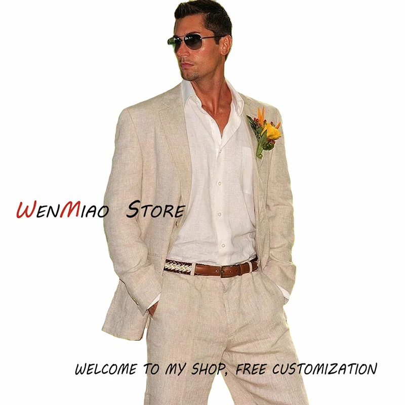 Men's Wedding Tuxedo Beach Party Suit 2 Piece Formal Blazer Pants Set Linen Jacke costume homme