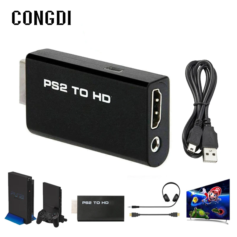 Adaptador convertidor compatible con PS2 a HDMI, 480i/480p/576i, Audio y vídeo con...