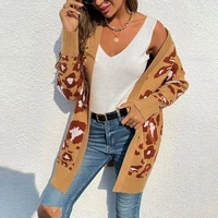 leopard loose casual knitted cardigans women v neck printed long knitted sweaters autumn winter warm fashion commute sweaters