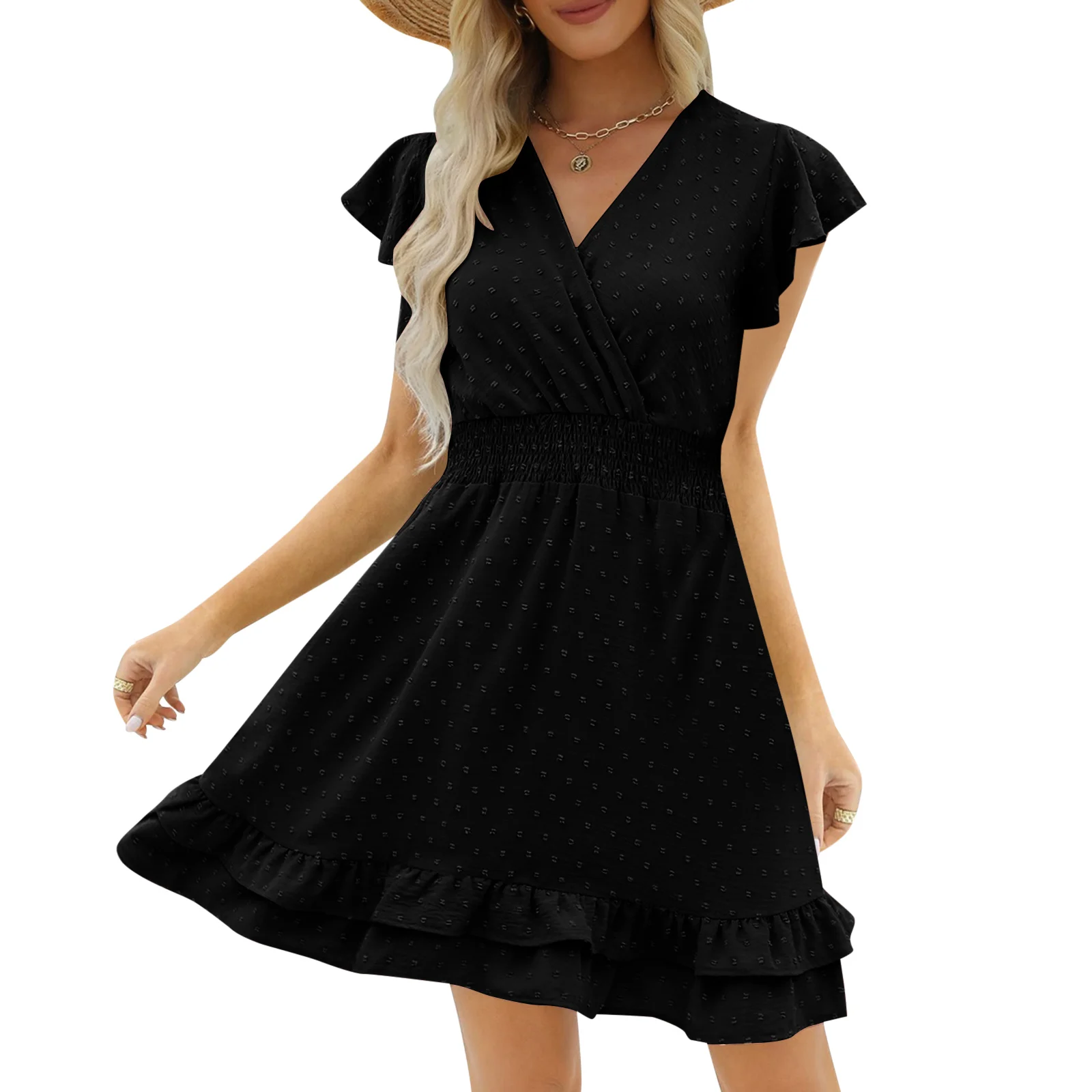 

Женское летнее платье с v-образным вырезом и рукавами-рюшами, повседневное мини-платье в горошек для женщин, Летняя туника, короткие платья с запахом