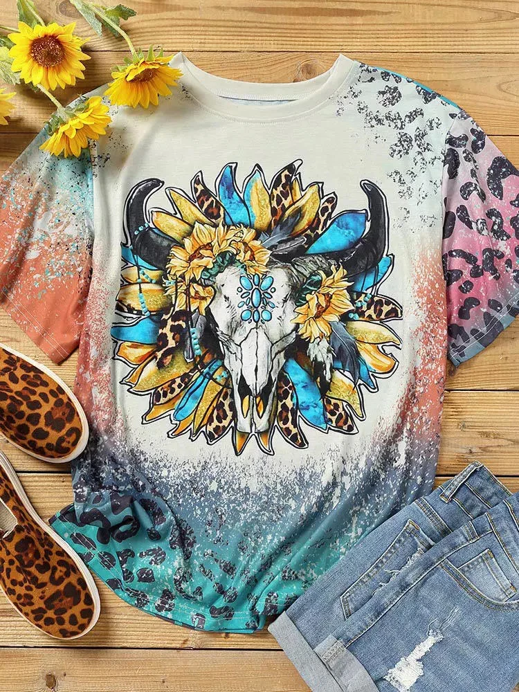 

Summer Crop Top Women's Steer Skull Sunflower Leopard Bleached Fashion TieDye Print Short Sleeved Soft T-shirts Top