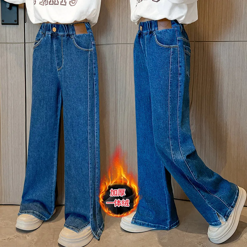 

Модные синие широкие штаны для девочек, зимние толстые теплые джинсы с эластичным поясом для подростков, корейские свободные плюшевые джинсовые брюки