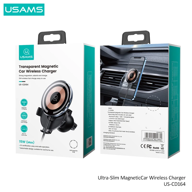 USAMS 15W Transparent Qi Fast Charging Magnetic Wireless Car Charger Holder For iPhone 14 Pro Max 13 12 11 Huawei Xiaomi Samsung