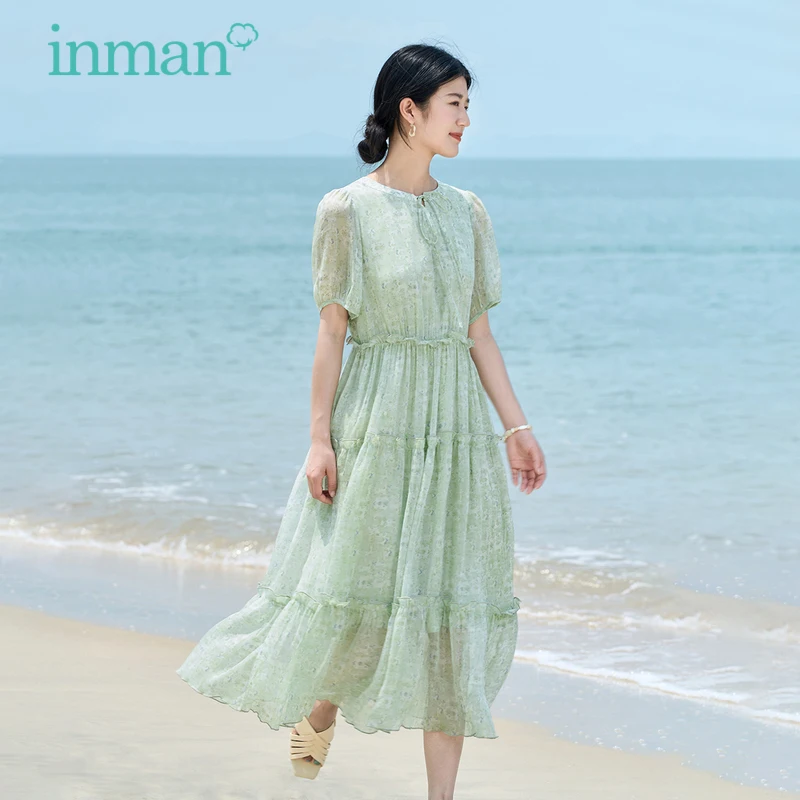 INMAN Women Dress 2023 Summer Puff Sleeve Lace Up Round Neck A-shaped Loose Halo Printing Elegance Romantic Green Long Skirt