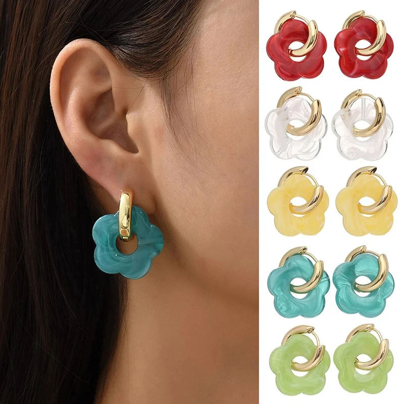 

Resin Earring For Women Colorful Flower Drop Earrings Gold Color Circle Ear Buckle Hoop Earrings Ladies Jewelry Ornament Gifts