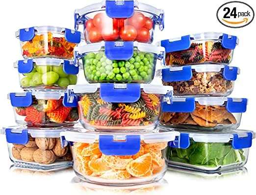 

24-Piece Food Storage Containers - Glass Food Storage Set, 11 To 35 Oz. (Blue) food storage box cereal candy Dried jars kitchen