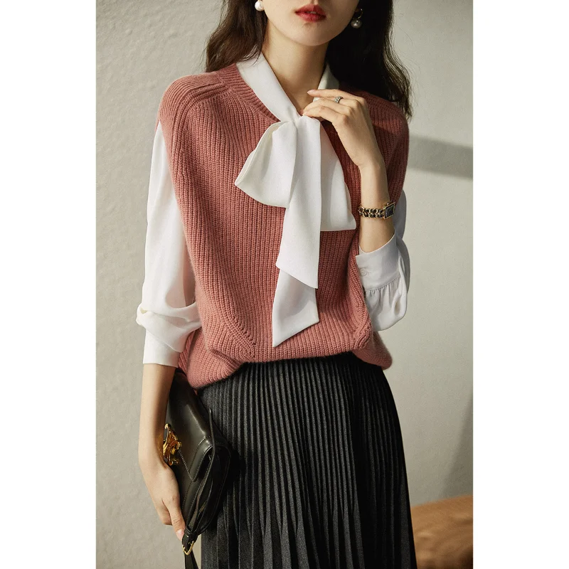 

Жилет женский кашемировый без рукавов, повседневный свободный однотонный вязаный свитер с круглым вырезом, универсальные элегантные дамск...